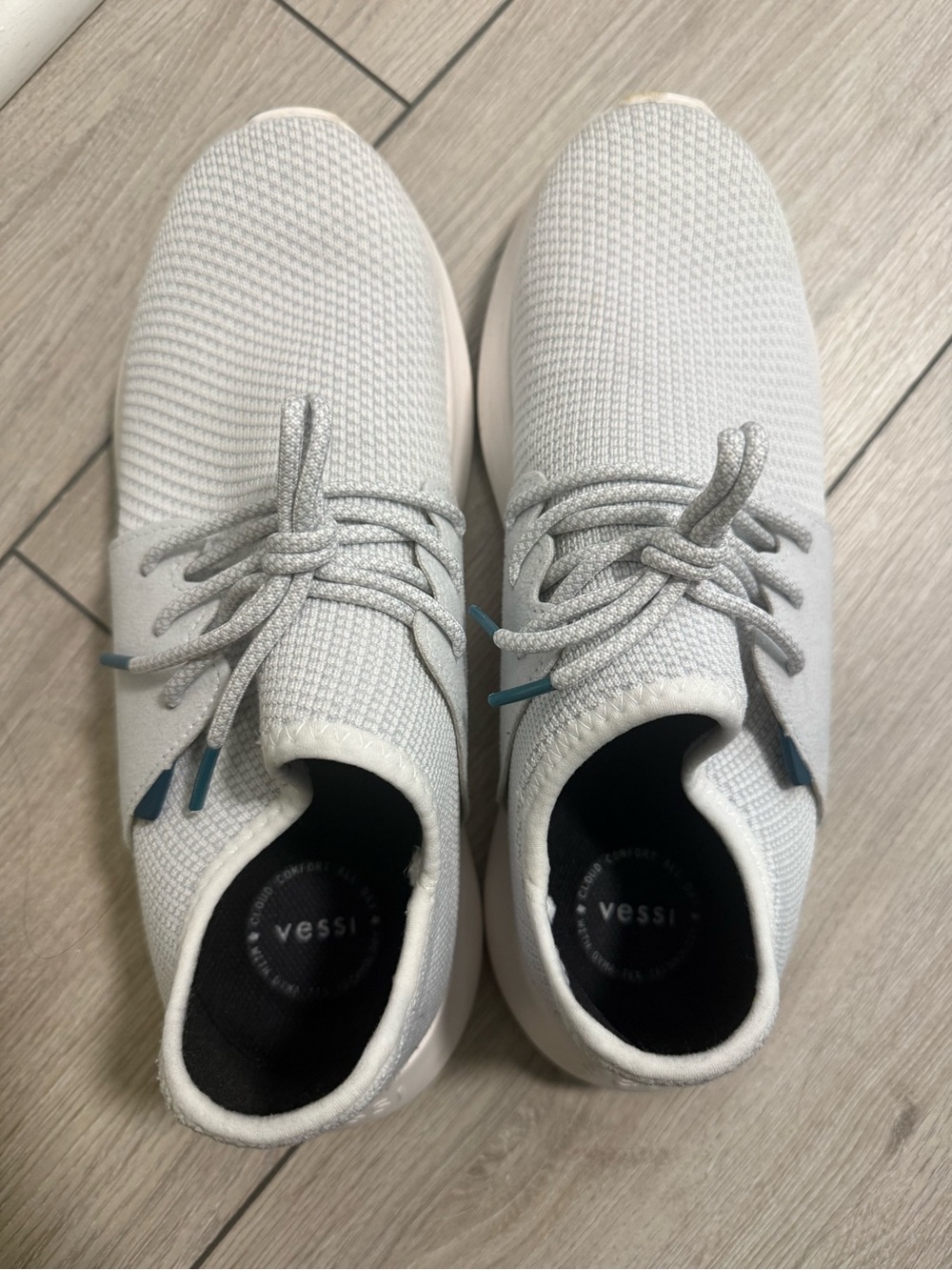 Vessi Men’s Off-White Knit Slip-On Sneakers with Teal Accents